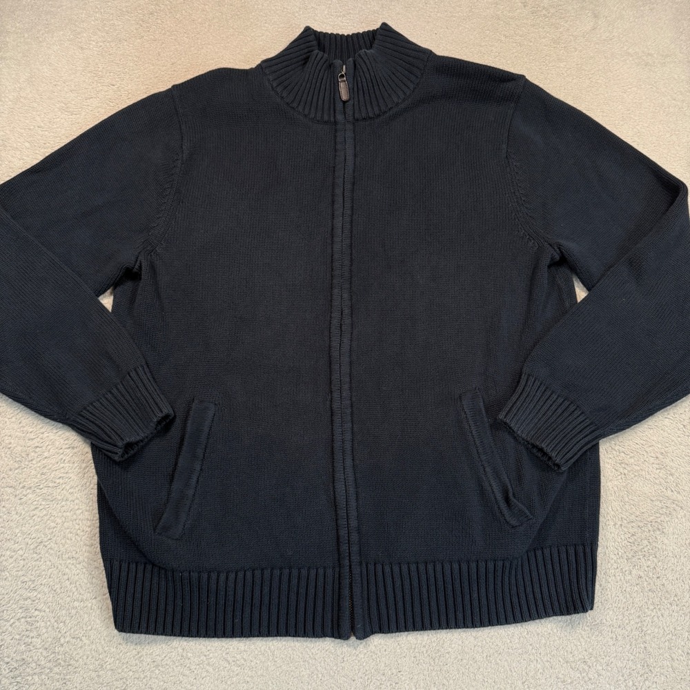 L.L. Bean Cardigan Sweater Mens L Navy Blue Full Zip Mock Neck Cotton Classic
